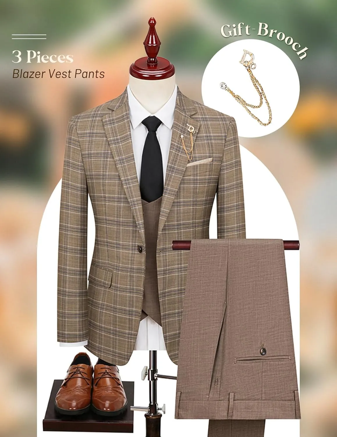 Mens 3 Pieces Plaid Suit Slim Fit Tuxedo Blazer Vest Pants for Wedding Prom Homecoming with Brooch Pin