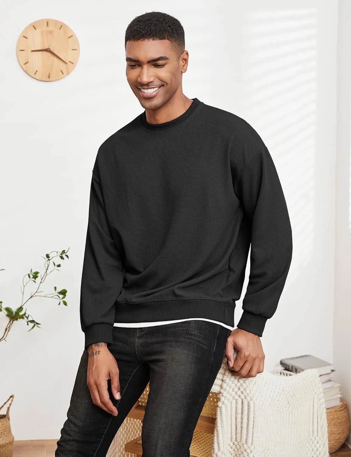 Men's Crewneck Sweatshirts Oversized Waffle Knit Texture Patchwork Long Sleeve Casual Lightweight Pullover Shirt