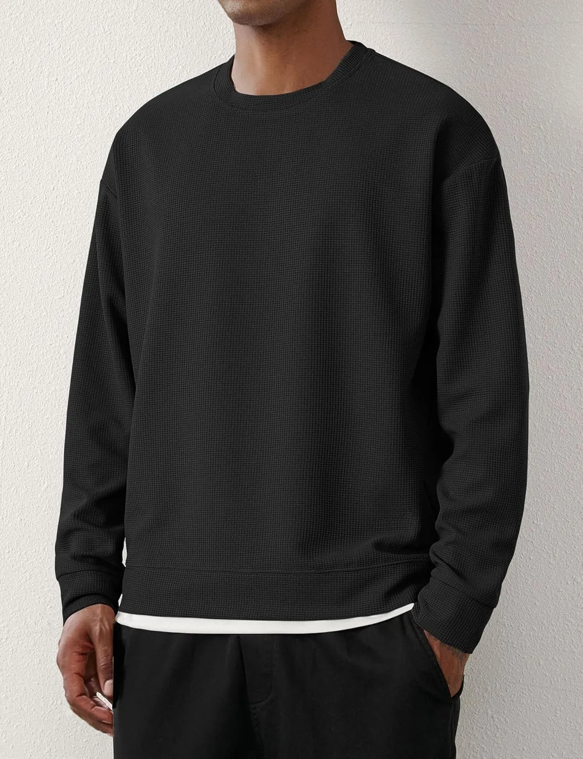 Men's Crewneck Sweatshirts Oversized Waffle Knit Texture Patchwork Long Sleeve Casual Lightweight Pullover Shirt