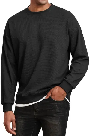 Men's Crewneck Sweatshirts Oversized Waffle Knit Texture Patchwork Long Sleeve Casual Lightweight Pullover Shirt