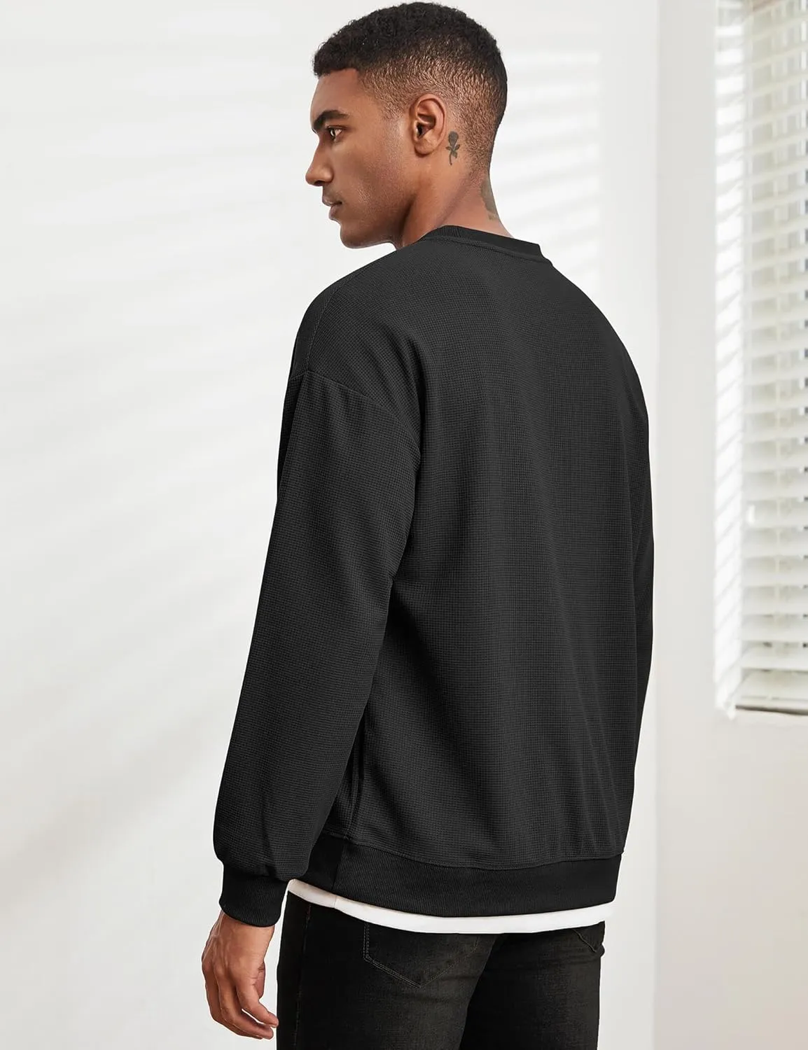 Men's Crewneck Sweatshirts Oversized Waffle Knit Texture Patchwork Long Sleeve Casual Lightweight Pullover Shirt