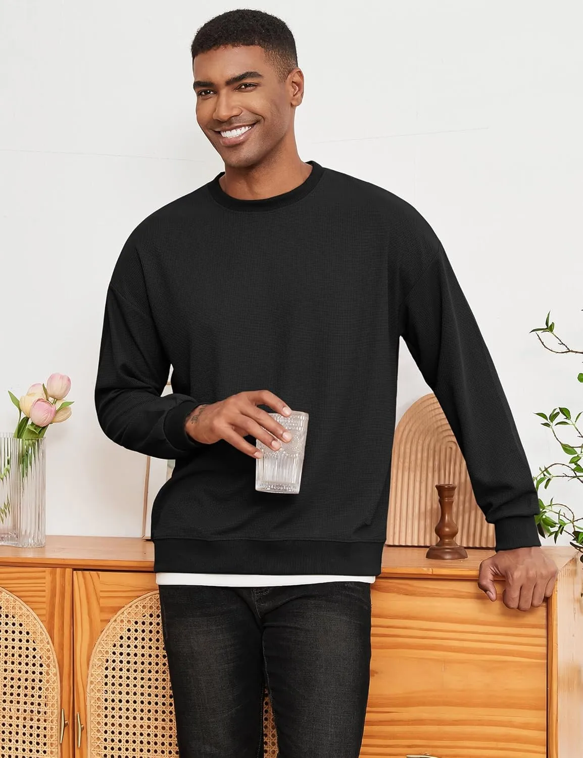 Men's Crewneck Sweatshirts Oversized Waffle Knit Texture Patchwork Long Sleeve Casual Lightweight Pullover Shirt