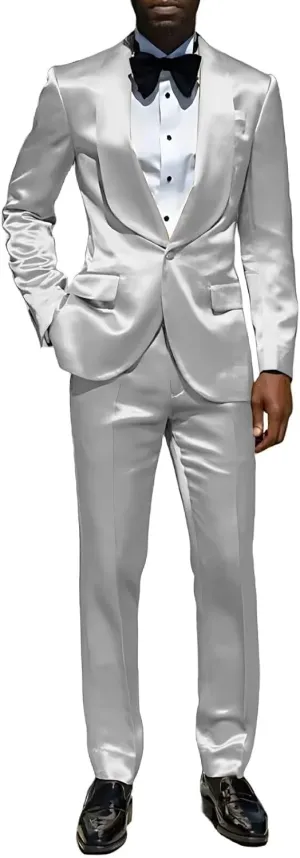 Men's Green 2-Piece Slim Fit Shiny Satin Suit Tuxedo Jacket & Pants Set for Wedding, Dinner, Prom, Party