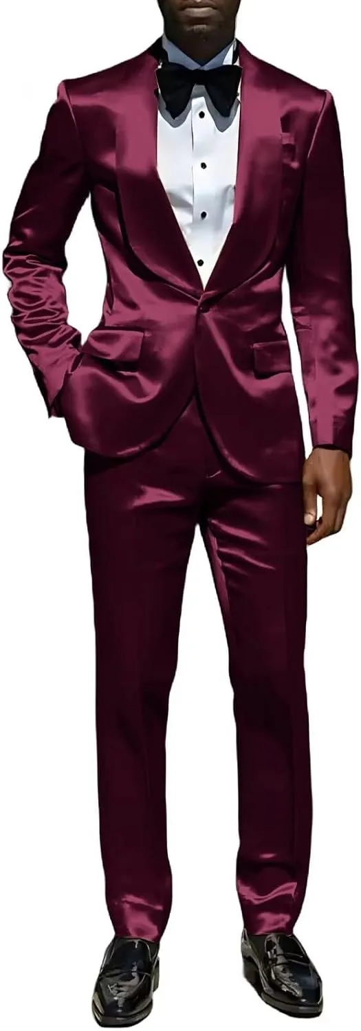 Men's Green 2-Piece Slim Fit Shiny Satin Suit Tuxedo Jacket & Pants Set for Wedding, Dinner, Prom, Party