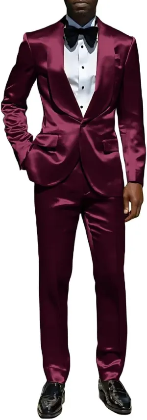 Men's Green 2-Piece Slim Fit Shiny Satin Suit Tuxedo Jacket & Pants Set for Wedding, Dinner, Prom, Party