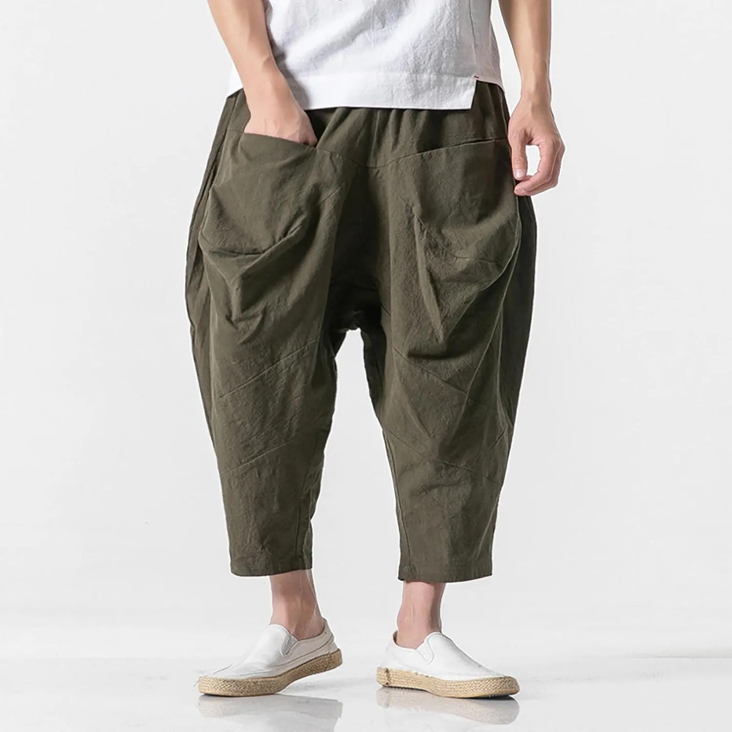Mens Linen Open Bottom Corpped Pants Wide Leg Breathable Casual Trousers with Front Pockets Summer Beach Hippie Harem Pant