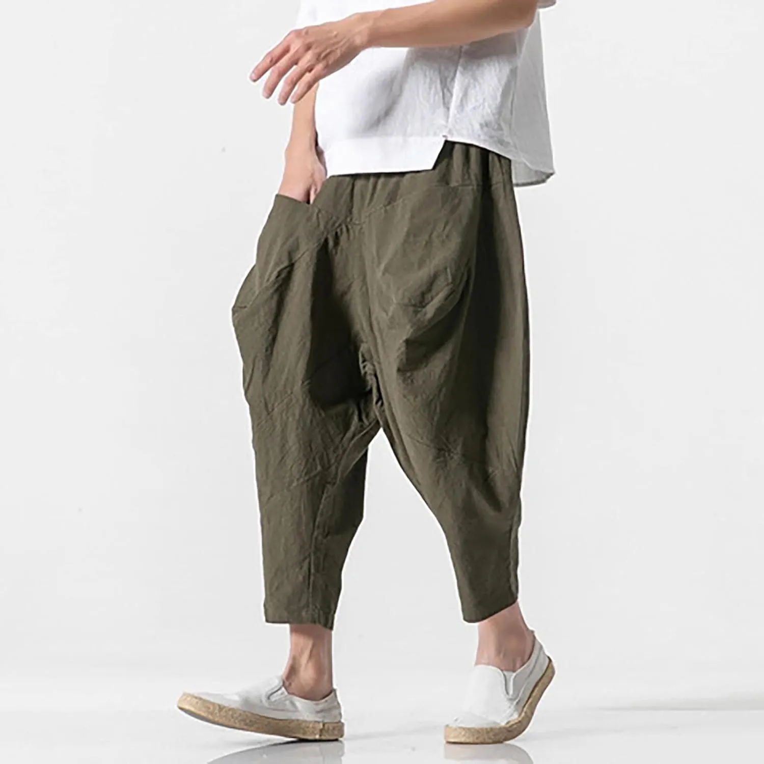 Mens Linen Open Bottom Corpped Pants Wide Leg Breathable Casual Trousers with Front Pockets Summer Beach Hippie Harem Pant
