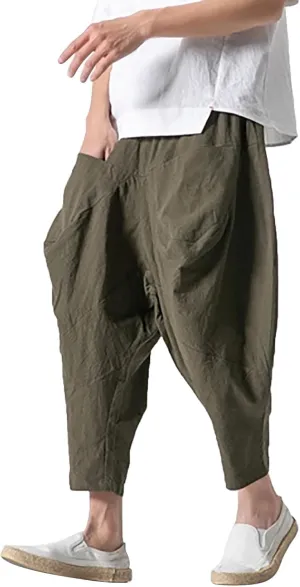 Mens Linen Open Bottom Corpped Pants Wide Leg Breathable Casual Trousers with Front Pockets Summer Beach Hippie Harem Pant