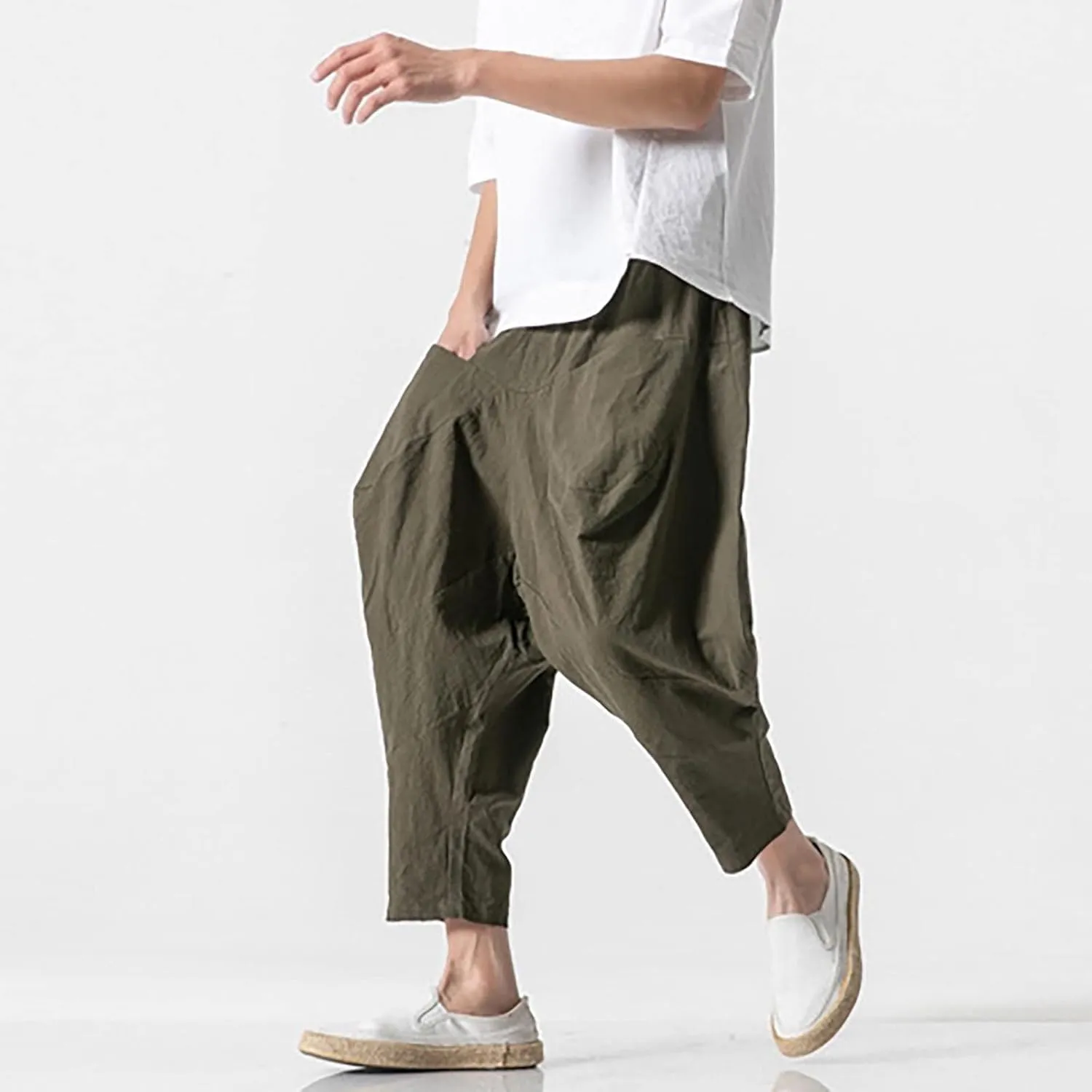 Mens Linen Open Bottom Corpped Pants Wide Leg Breathable Casual Trousers with Front Pockets Summer Beach Hippie Harem Pant