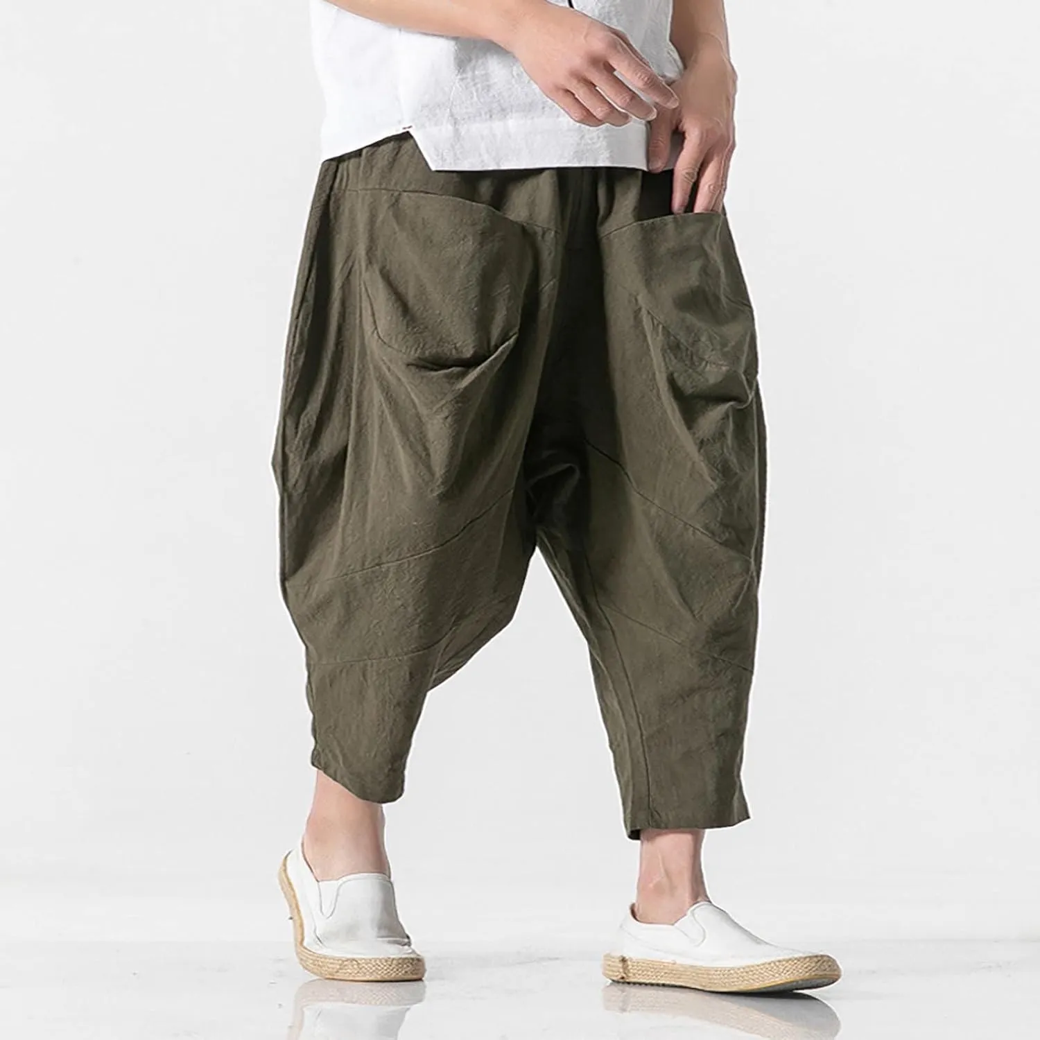 Mens Linen Open Bottom Corpped Pants Wide Leg Breathable Casual Trousers with Front Pockets Summer Beach Hippie Harem Pant
