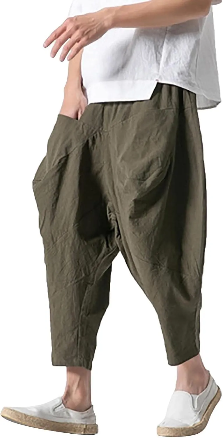Mens Linen Open Bottom Corpped Pants Wide Leg Breathable Casual Trousers with Front Pockets Summer Beach Hippie Harem Pant