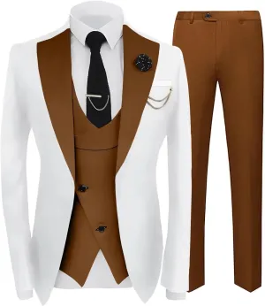 Mens Suit Formal 3 Piece Tuxedo Slim Fit Set Jacket Blazer Vest Pants for Groomsmen Wedding Prom Party