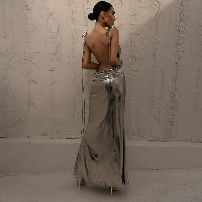 Metallic Lace Backless Suspenders Stylish Sexy Elegant Dress Wholesale Dresses