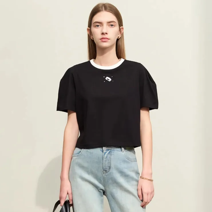 Minimalist Women's Spliced Embroidery Cotton T-Shirt