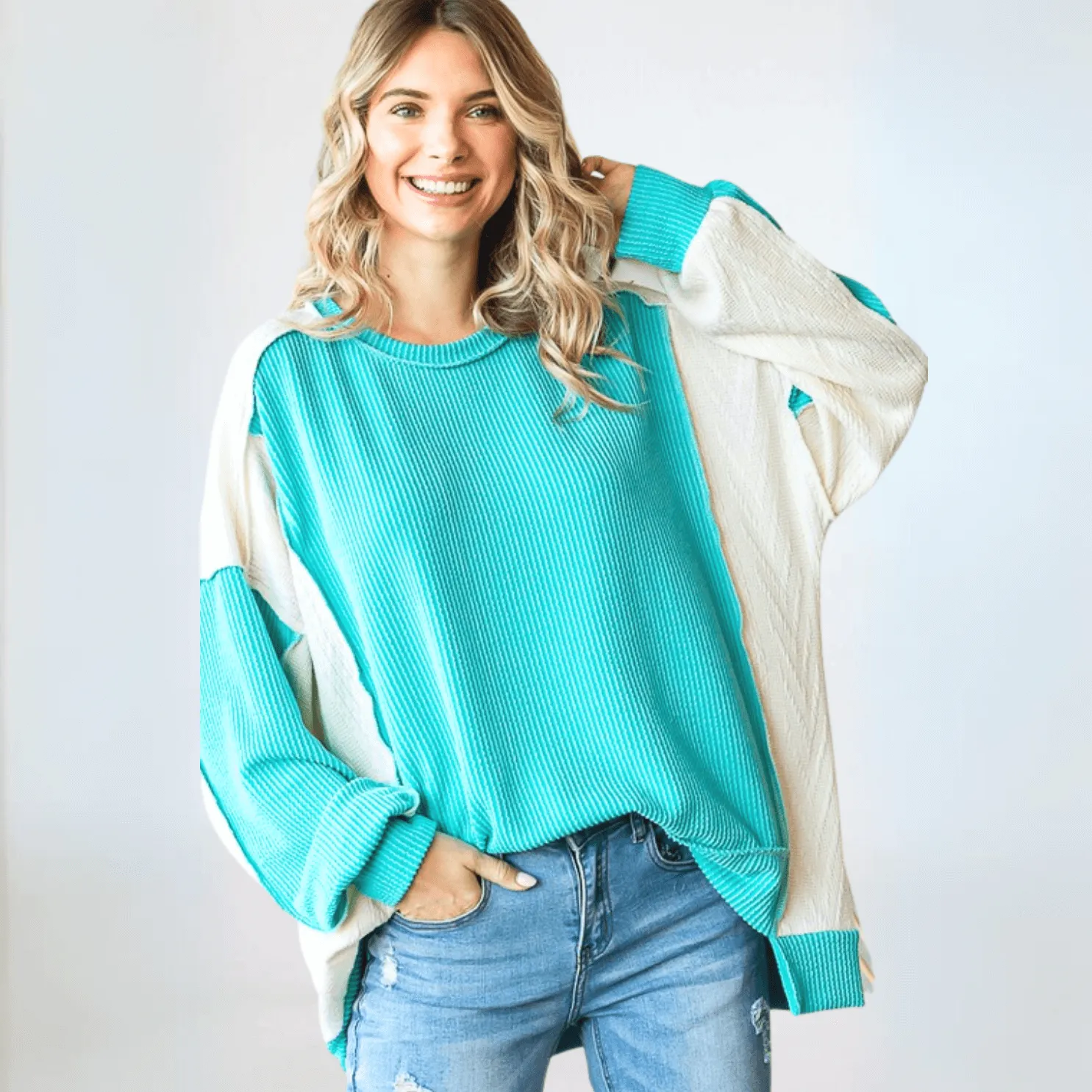 Mixed Media Oversized Color Block Pullover