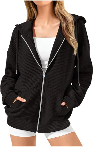 NaRHbrg Oversized Hoodies for Women Full Zip Up Long Sleeve Sweatshirts Casual Waffle Knit Drawstring Pullover Jackets Coat