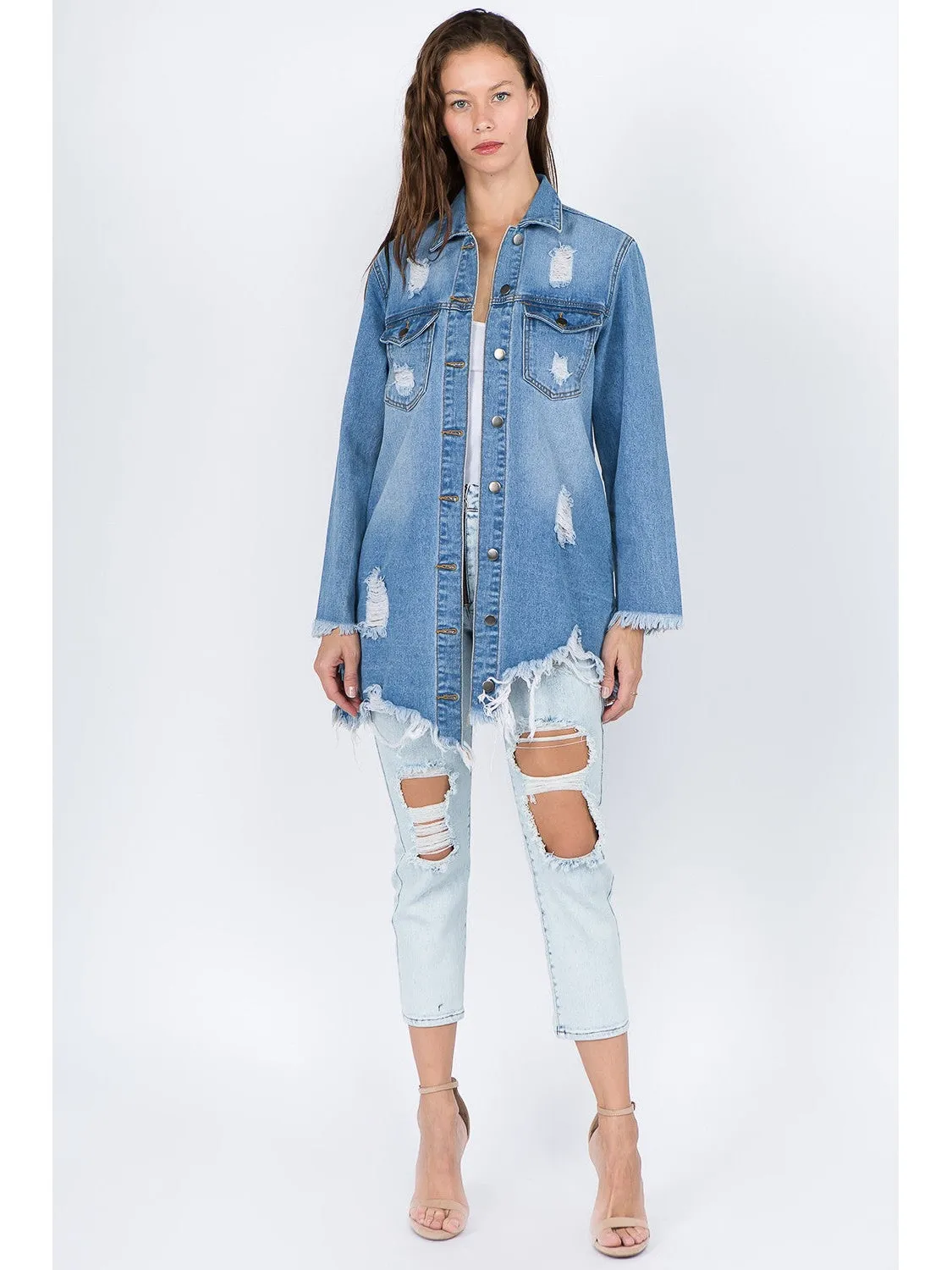 NicholesGifts Women American Bazi Distressed Frayed Hem Denim Jacket