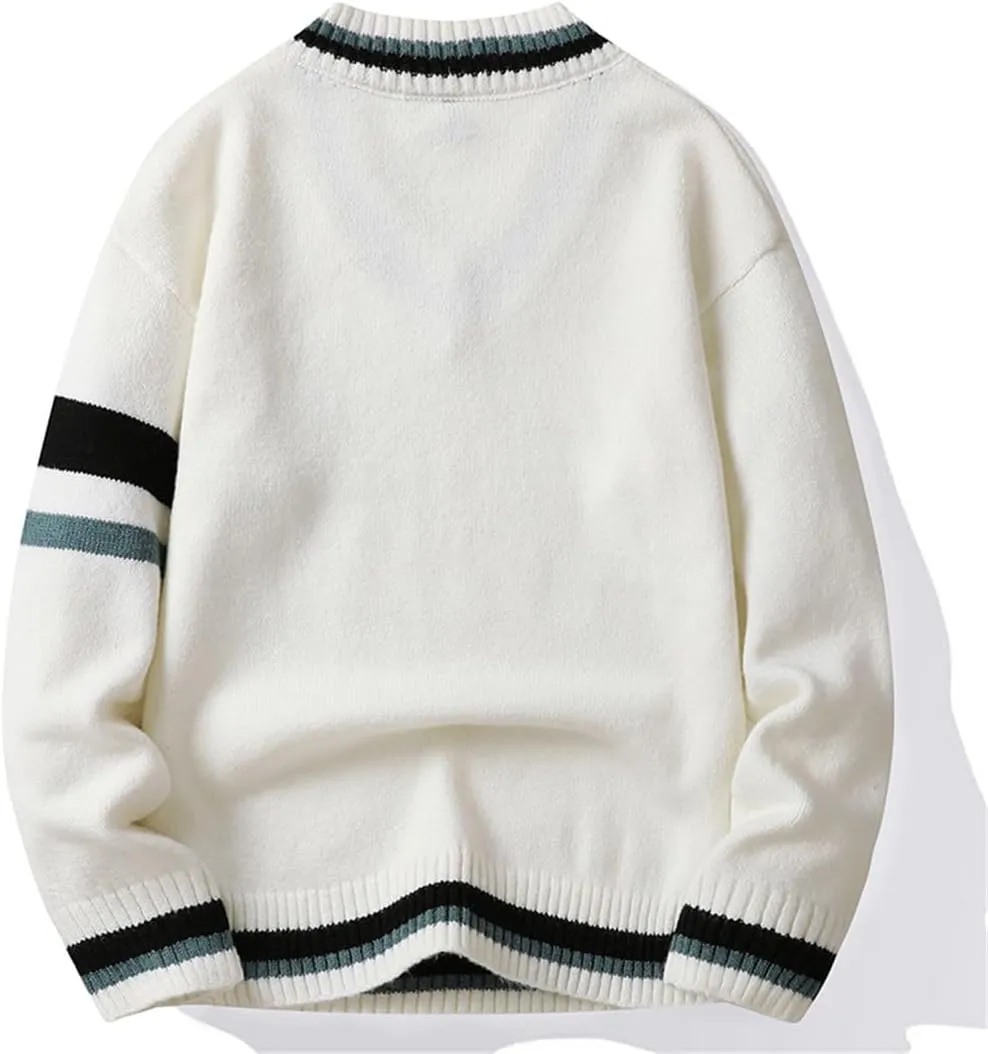 Niiyyjj Men's V-Neck Long Sleeved Sweaters Solid Undershirt Casual Knitted Stripe Pullover Jumper