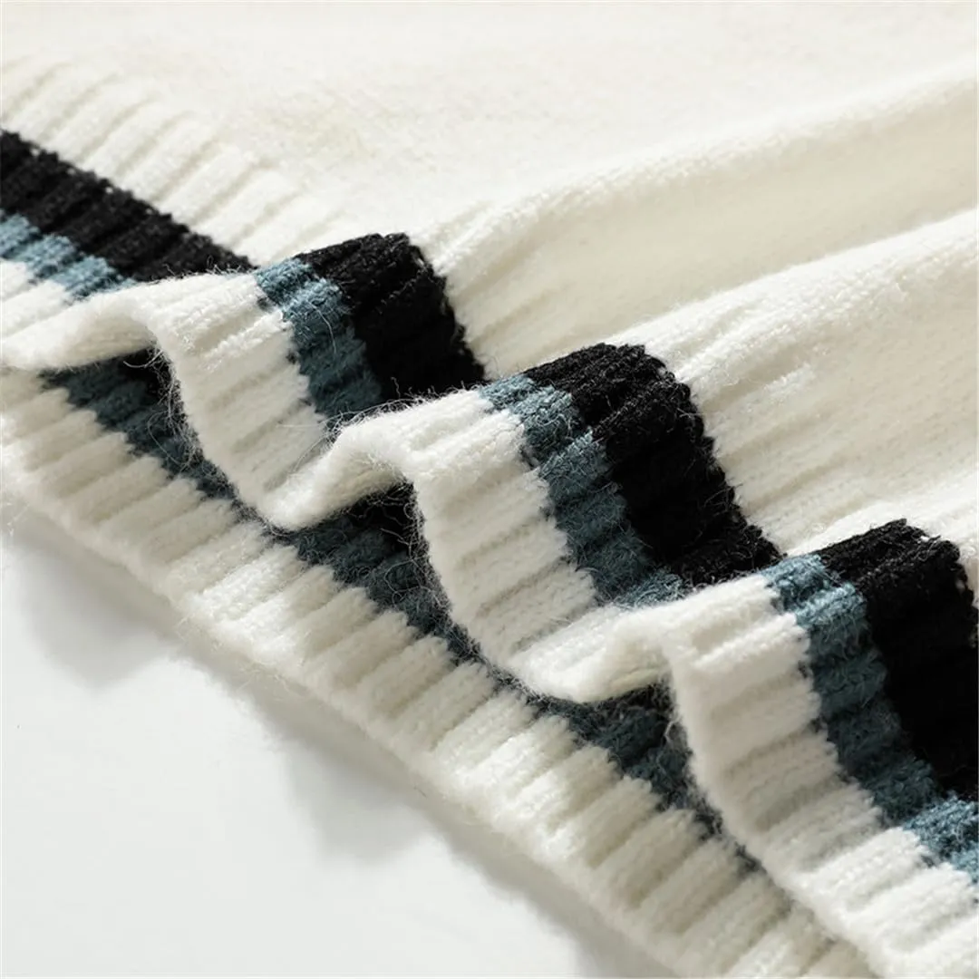 Niiyyjj Men's V-Neck Long Sleeved Sweaters Solid Undershirt Casual Knitted Stripe Pullover Jumper
