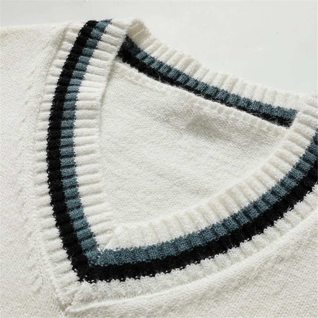 Niiyyjj Men's V-Neck Long Sleeved Sweaters Solid Undershirt Casual Knitted Stripe Pullover Jumper