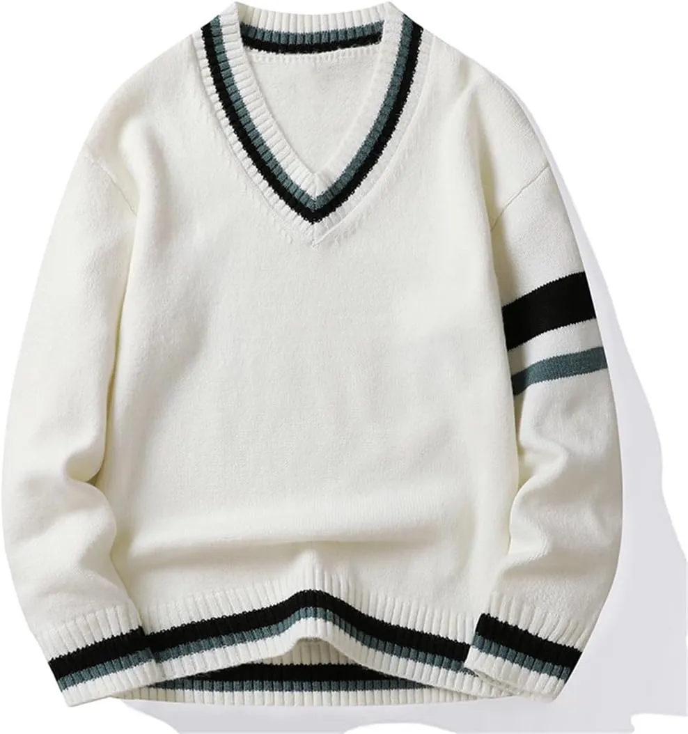 Niiyyjj Men's V-Neck Long Sleeved Sweaters Solid Undershirt Casual Knitted Stripe Pullover Jumper