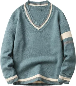 Niiyyjj Men's V-Neck Long Sleeved Sweaters Solid Undershirt Casual Knitted Stripe Pullover Jumper