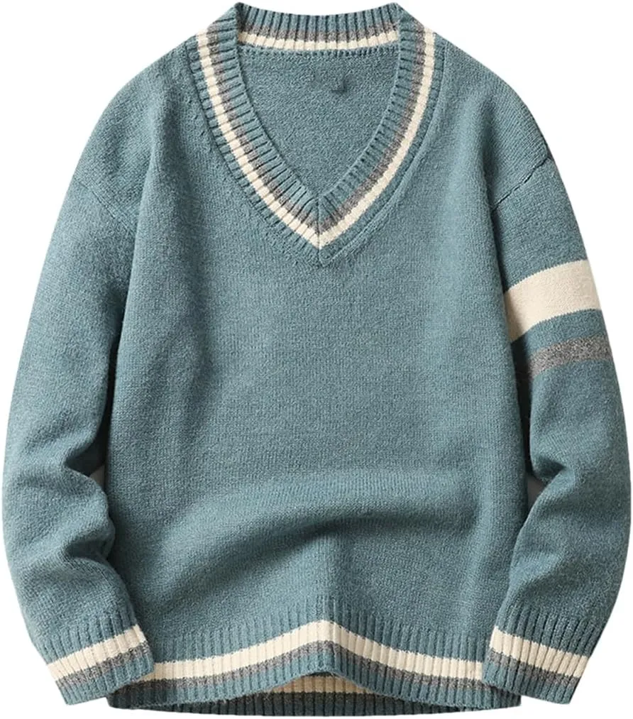 Niiyyjj Men's V-Neck Long Sleeved Sweaters Solid Undershirt Casual Knitted Stripe Pullover Jumper