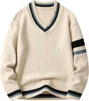 Niiyyjj Men's V-Neck Long Sleeved Sweaters Solid Undershirt Casual Knitted Stripe Pullover Jumper