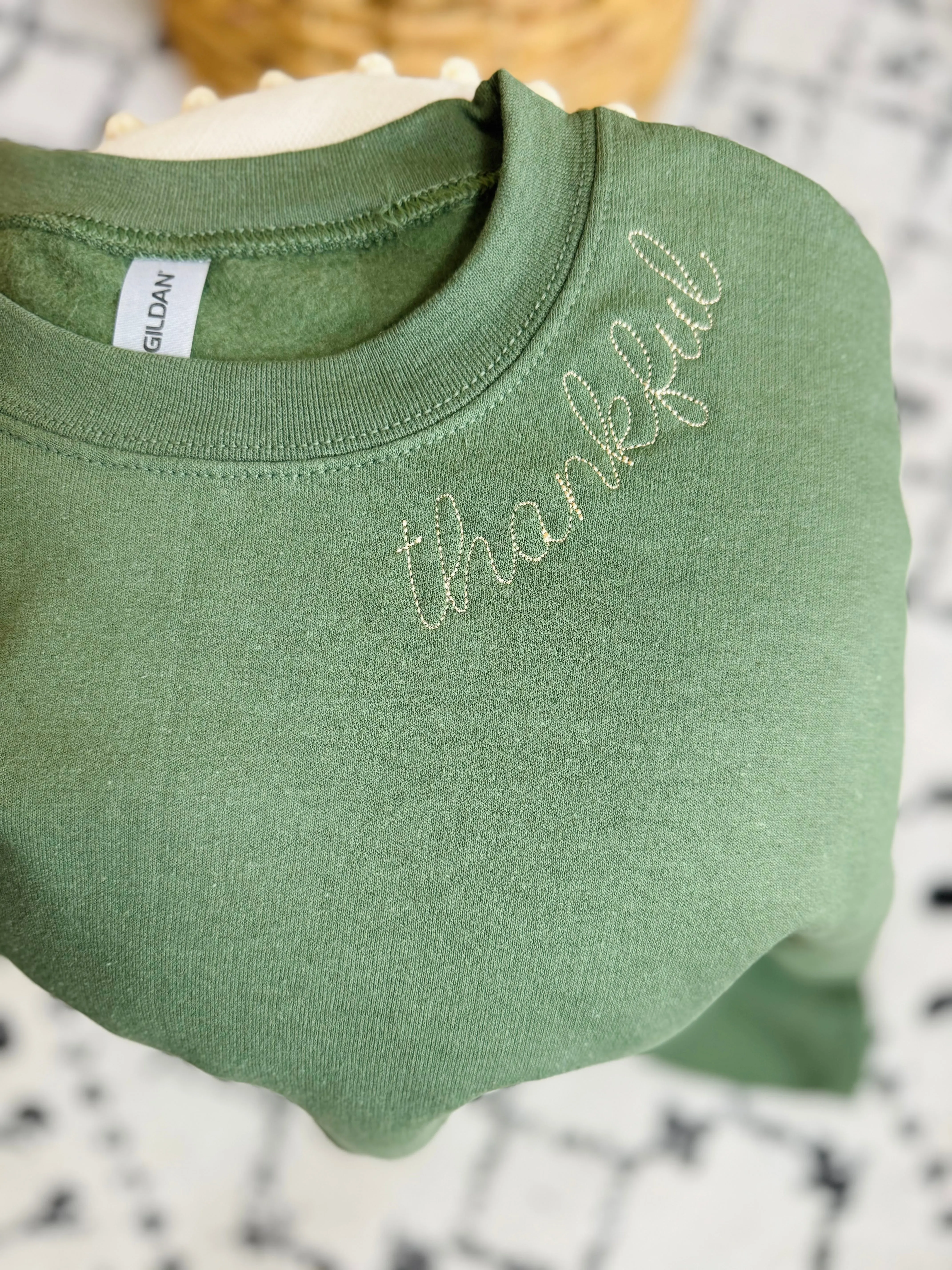 Olive Thankful Embroidered Crew