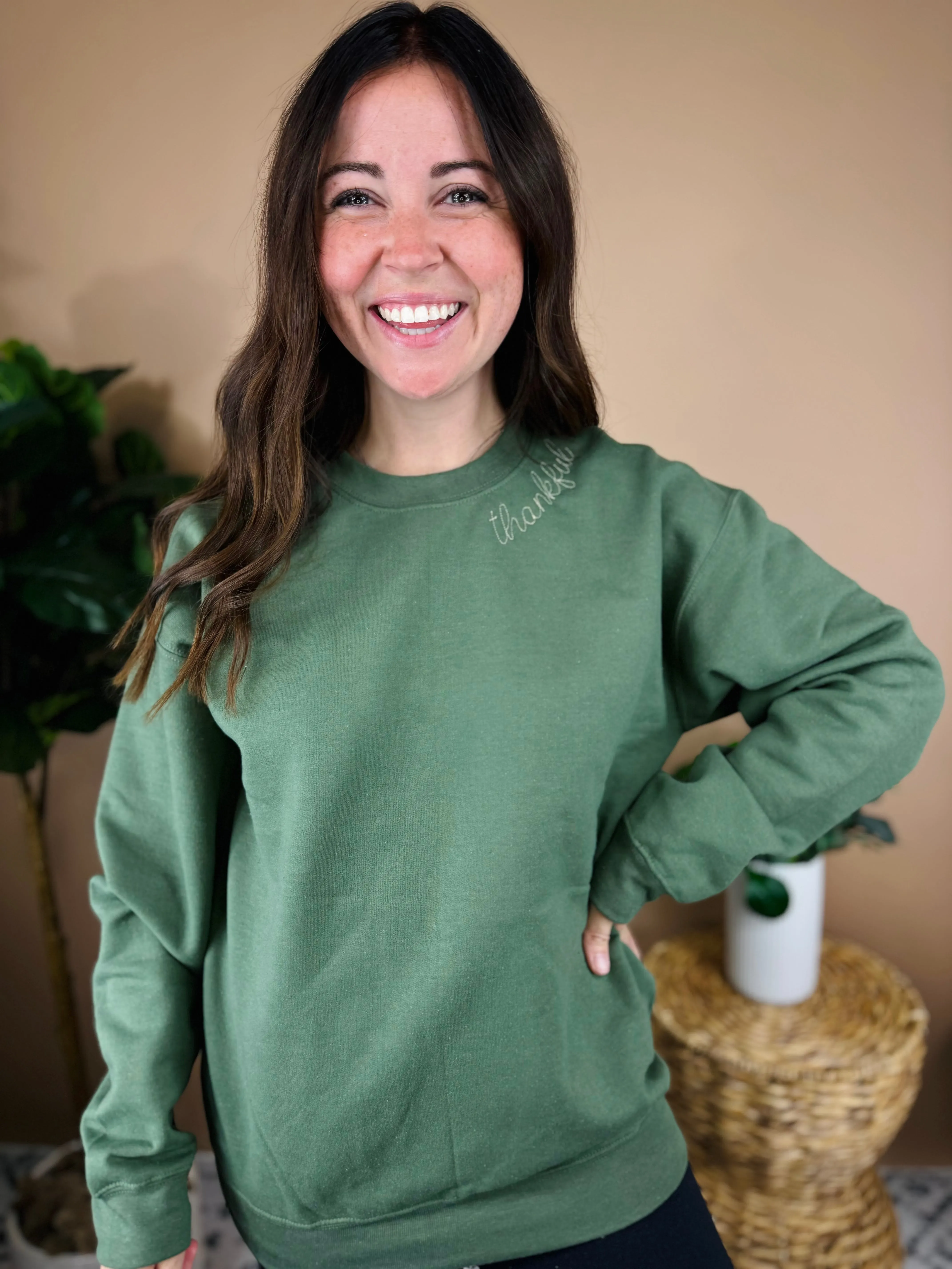 Olive Thankful Embroidered Crew