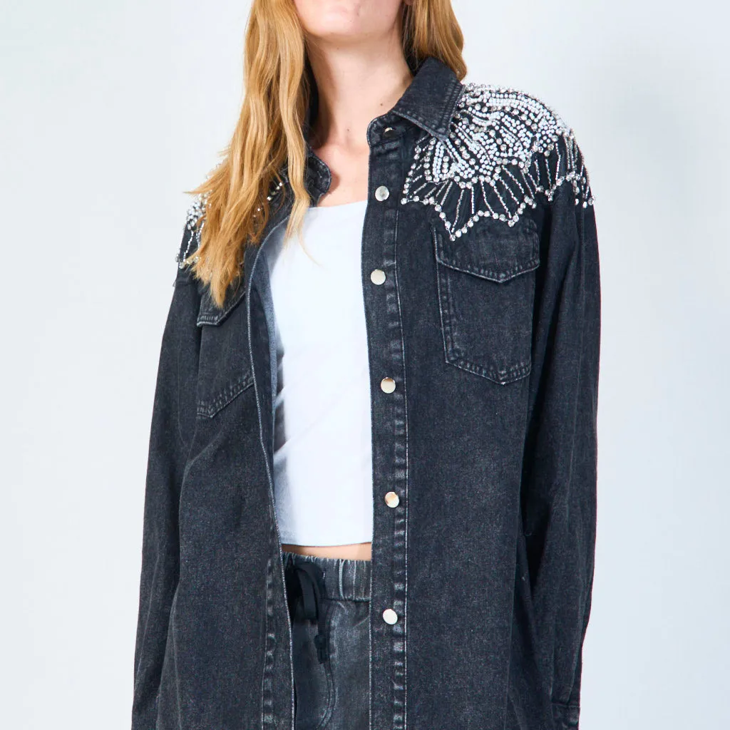 Pearl embellished denim jacket wholesale