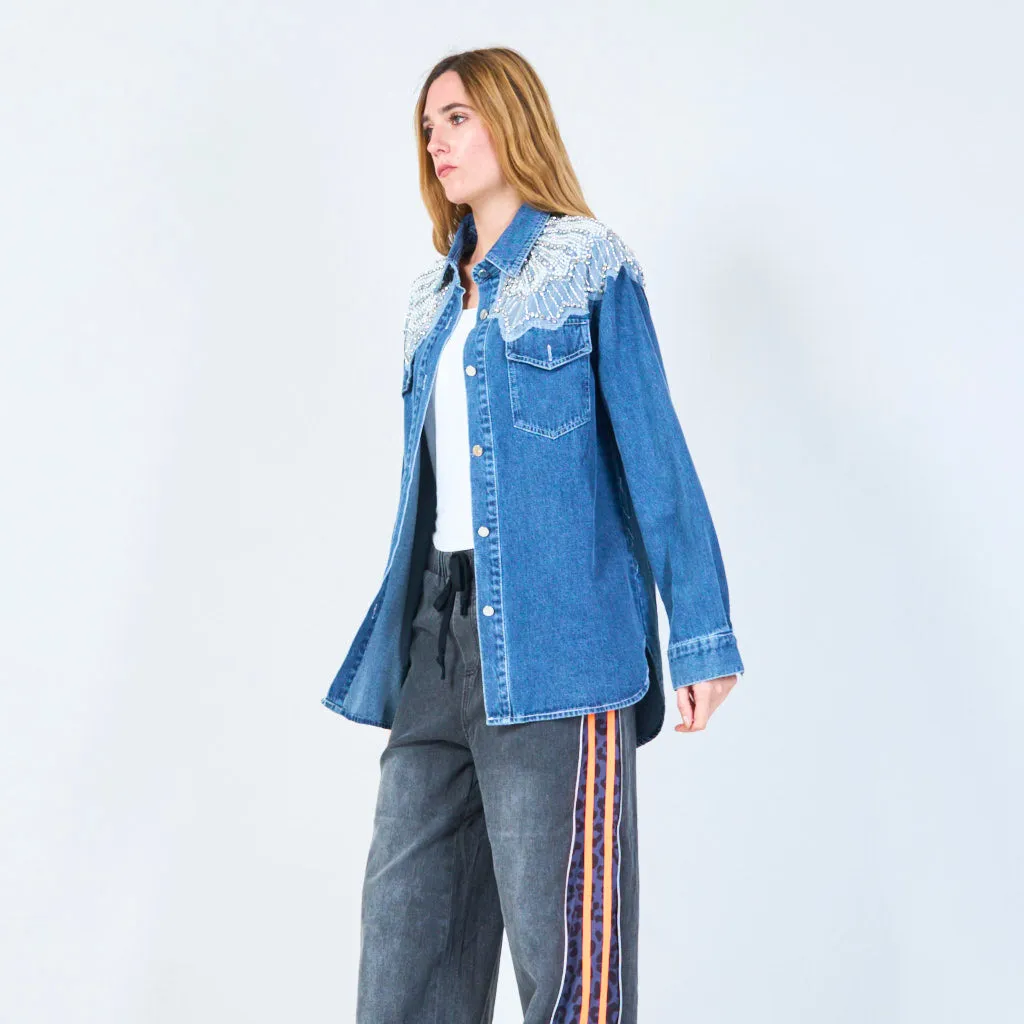 Pearl embellished denim jacket wholesale