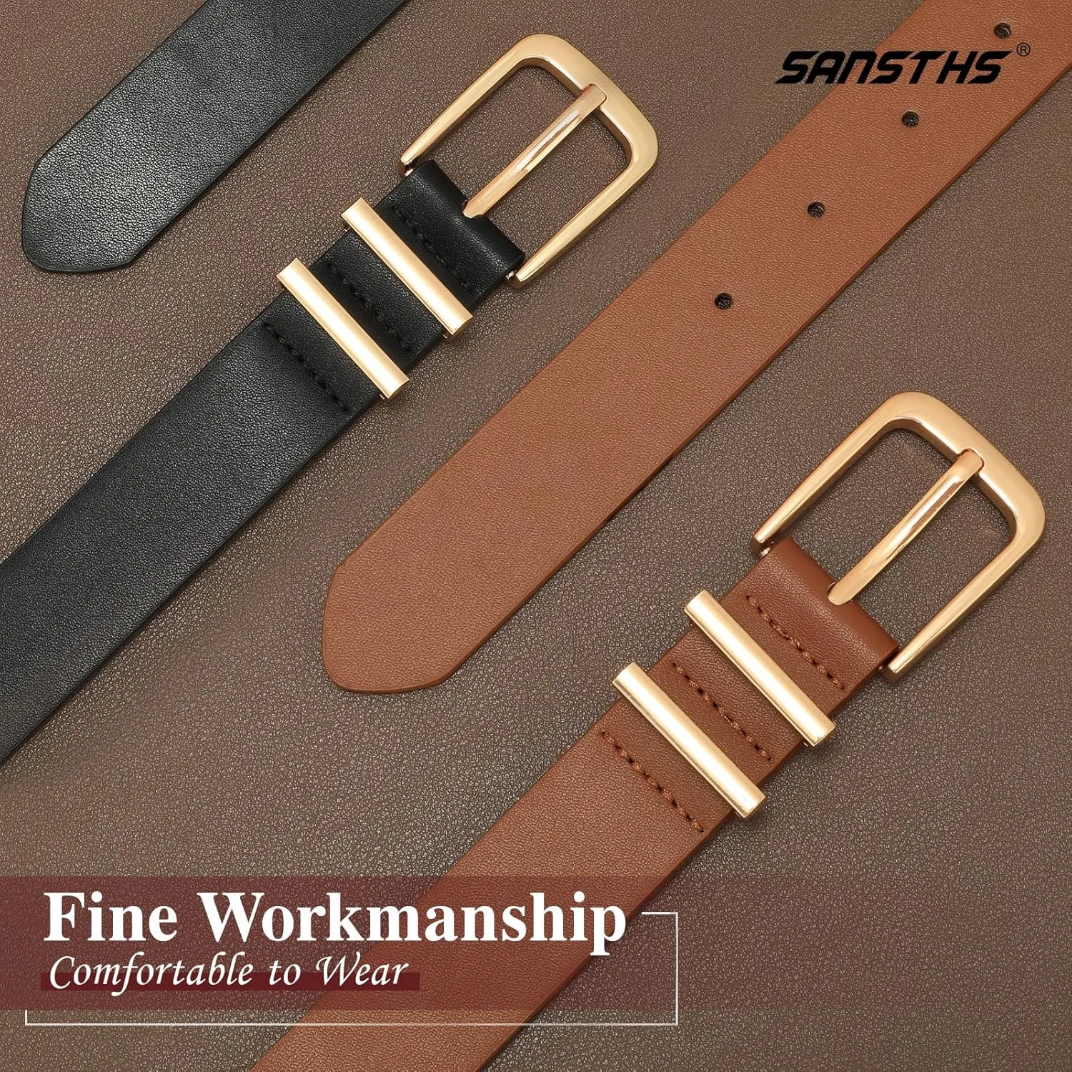 SANSTHS 2 Pack Women Belt for Jeans Pants, Simple Fashion Ladies Waist Belt with Gold Buckle, 1inch Width