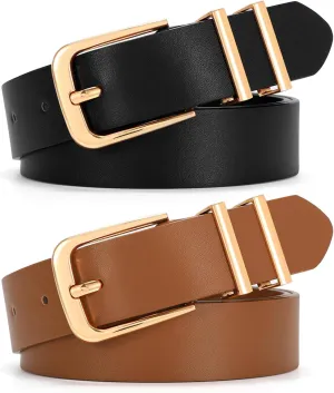 SANSTHS 2 Pack Women Belt for Jeans Pants, Simple Fashion Ladies Waist Belt with Gold Buckle, 1inch Width