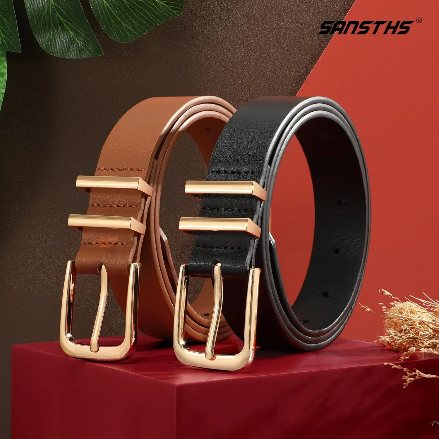 SANSTHS 2 Pack Women Belt for Jeans Pants, Simple Fashion Ladies Waist Belt with Gold Buckle, 1inch Width