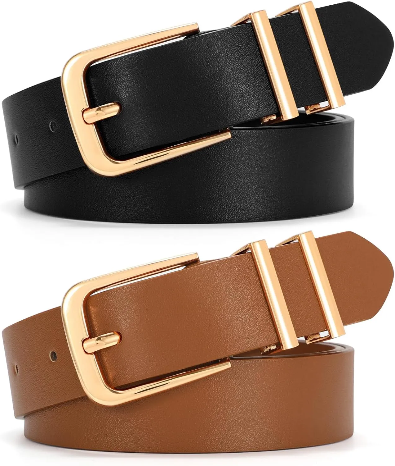 SANSTHS 2 Pack Women Belt for Jeans Pants, Simple Fashion Ladies Waist Belt with Gold Buckle, 1inch Width