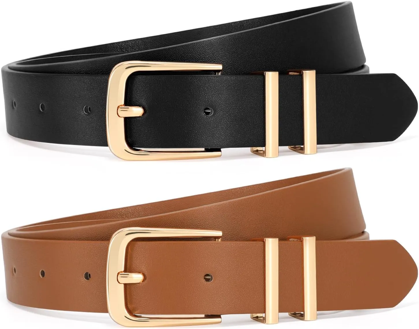 SANSTHS 2 Pack Women Belt for Jeans Pants, Simple Fashion Ladies Waist Belt with Gold Buckle, 1inch Width