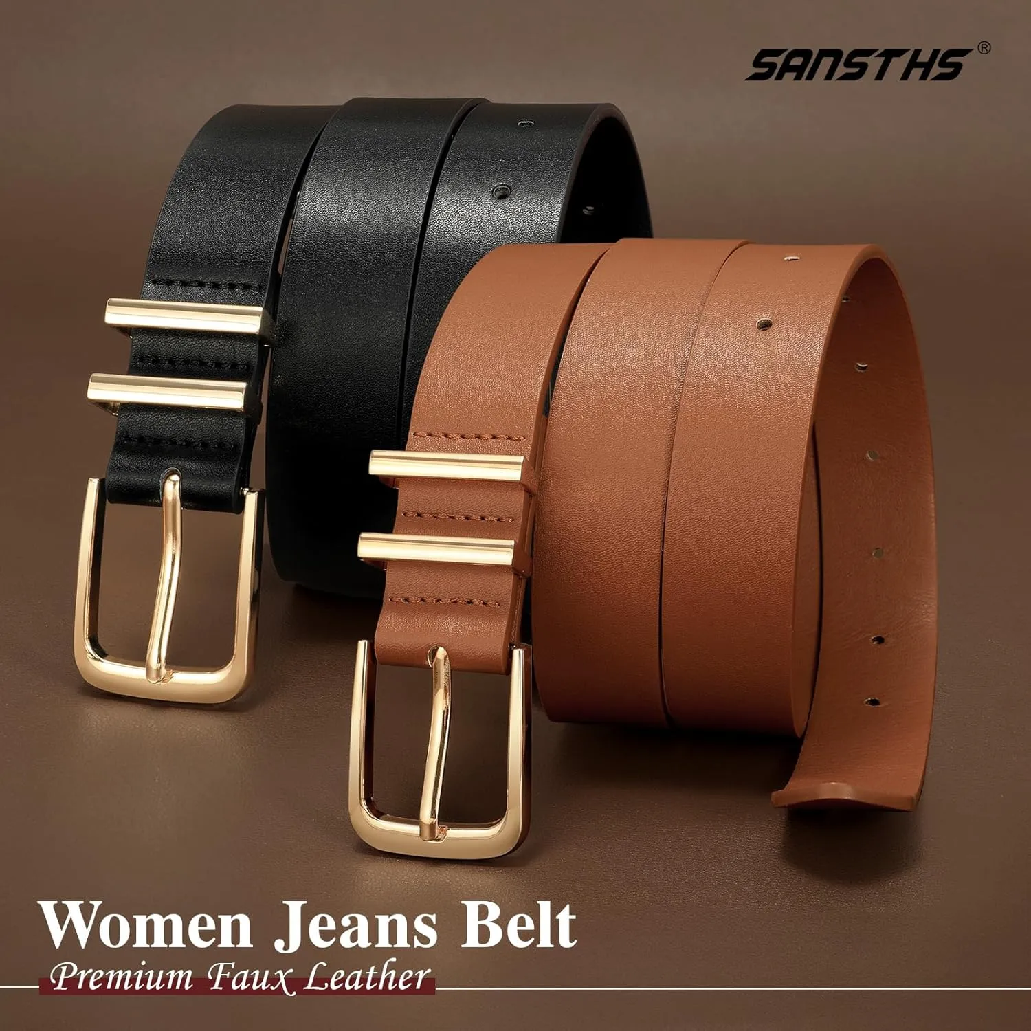 SANSTHS 2 Pack Women Belt for Jeans Pants, Simple Fashion Ladies Waist Belt with Gold Buckle, 1inch Width