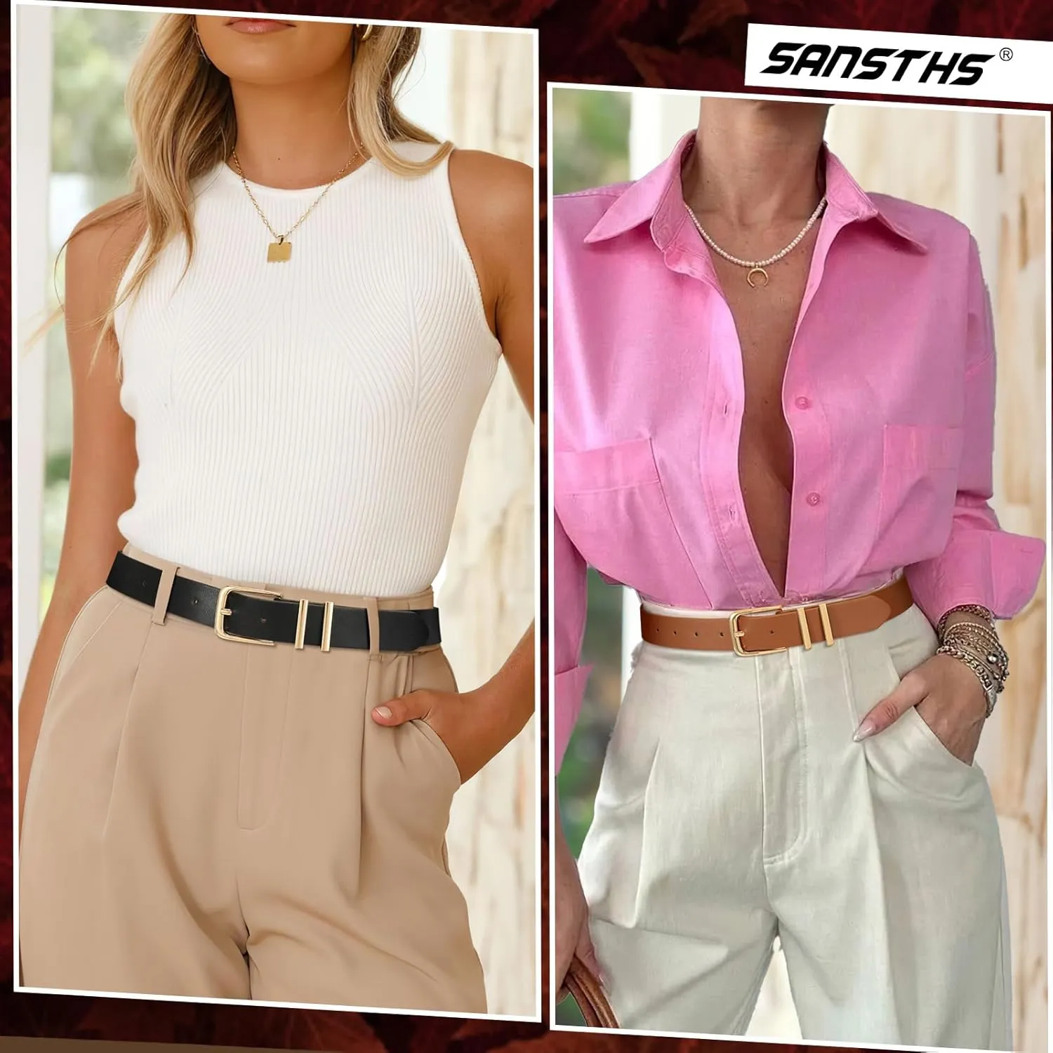 SANSTHS 2 Pack Women Belt for Jeans Pants, Simple Fashion Ladies Waist Belt with Gold Buckle, 1inch Width