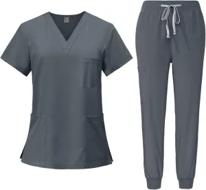 Scrub Sets for Woman 2025 Essential Jogger Scrub Set Nursing Uniform Stretch V-Neck Top & Drawstring Cargo Pants