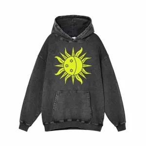 Shining Sun Moon Star Print Vintage Washed Hoodie