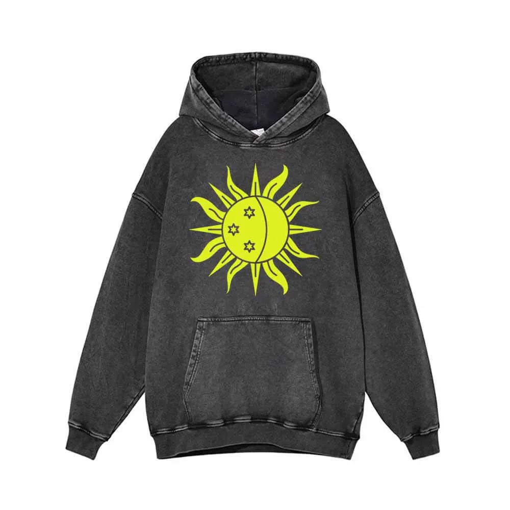 Shining Sun Moon Star Print Vintage Washed Hoodie