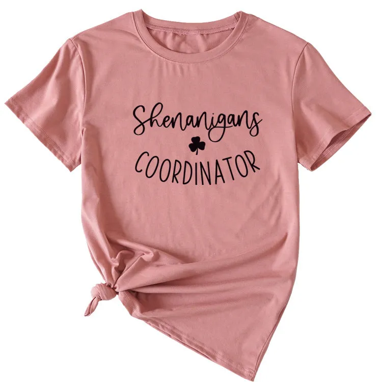 Simplified Letter Shenanigans Coordinator Round Neck Short Sleeve T-shirt