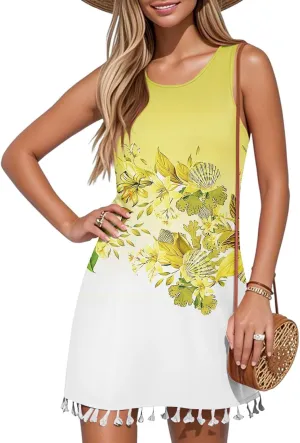 Sundresses for Women Sleeveless U Neck Floral Min Tank Dress Tassel Boho Summer Hawaiian Beach Vacation Dresses