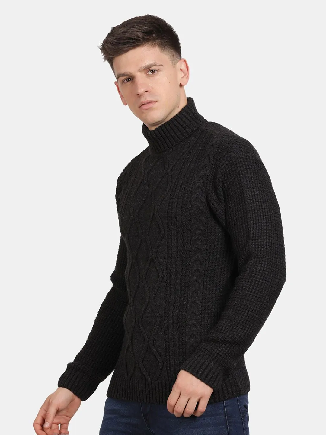 T-Base Cable Knit Self Design Turtle Neck Pullover Sweaters