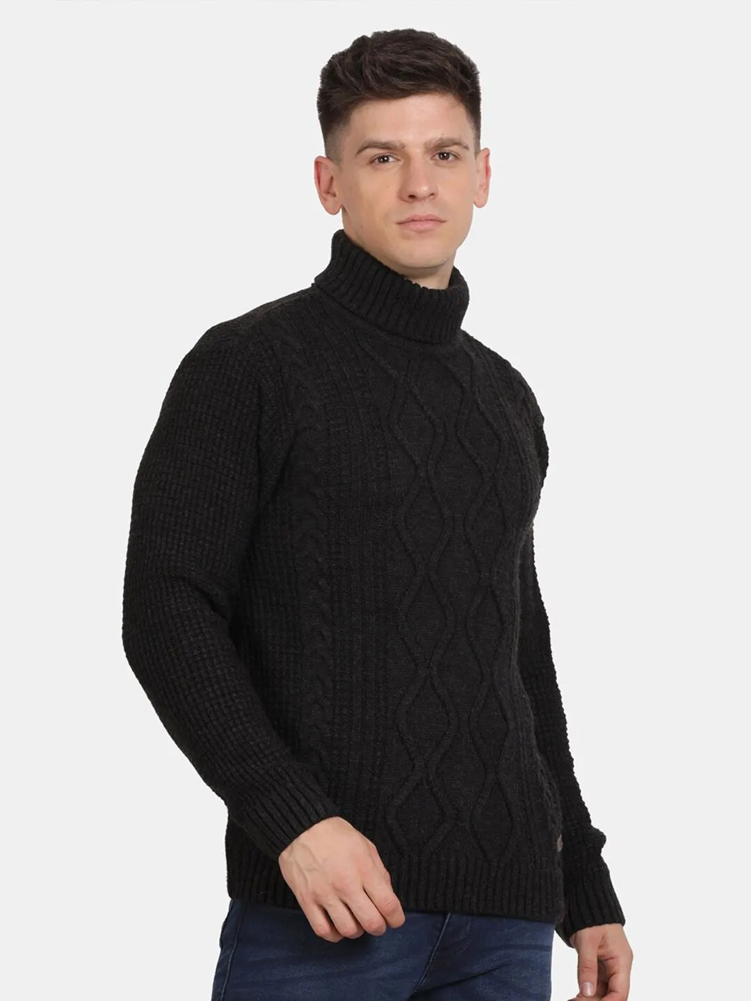 T-Base Cable Knit Self Design Turtle Neck Pullover Sweaters