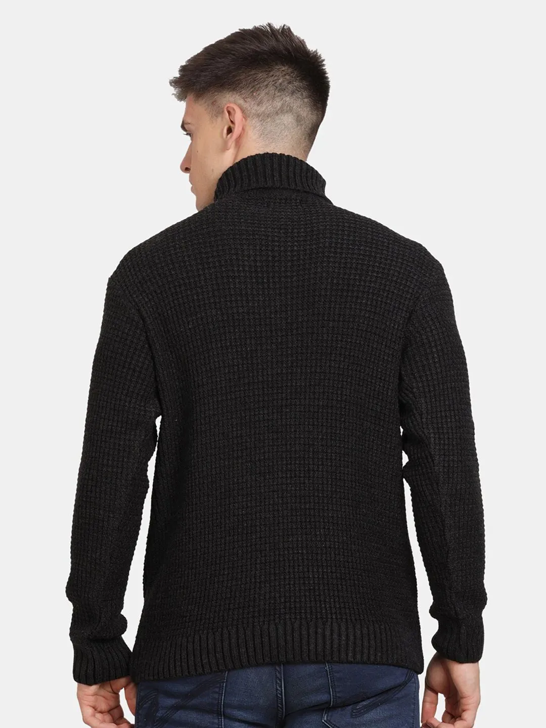 T-Base Cable Knit Self Design Turtle Neck Pullover Sweaters