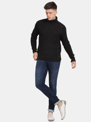 T-Base Cable Knit Self Design Turtle Neck Pullover Sweaters
