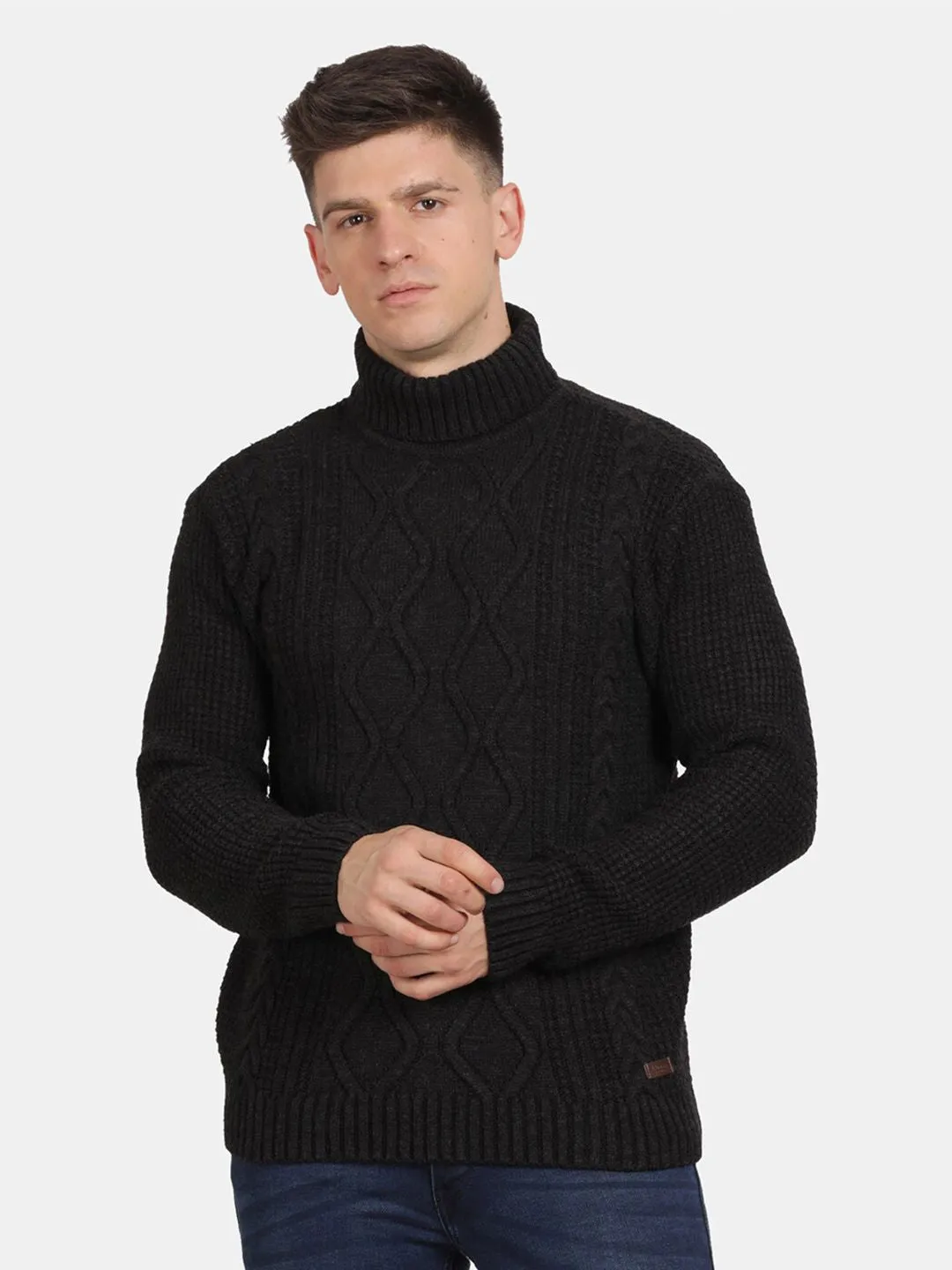 T-Base Cable Knit Self Design Turtle Neck Pullover Sweaters