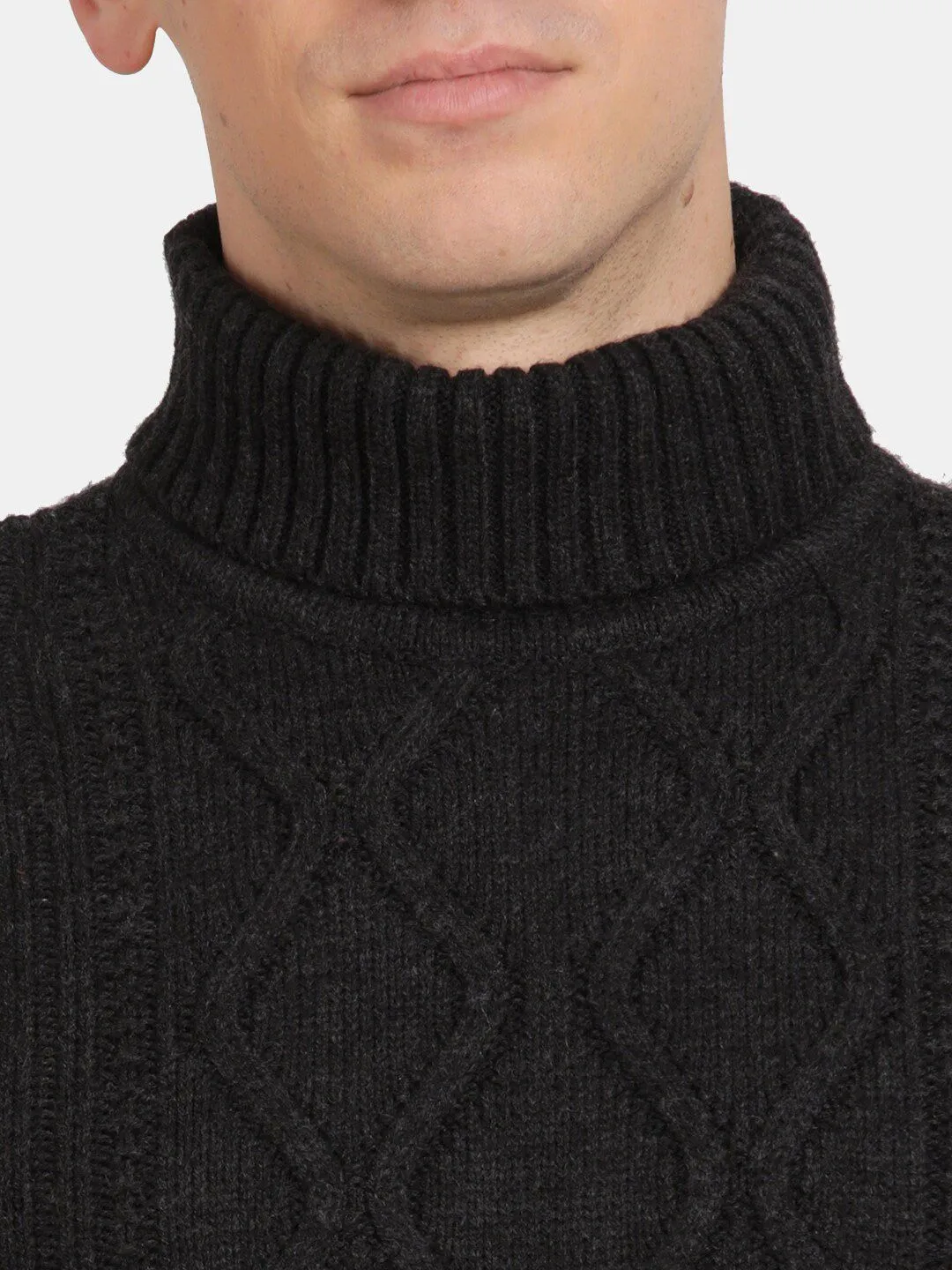 T-Base Cable Knit Self Design Turtle Neck Pullover Sweaters